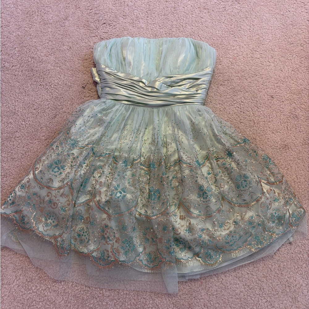 Morgan & Co. hoco or formal outing Strapless Dress in Silver and Green